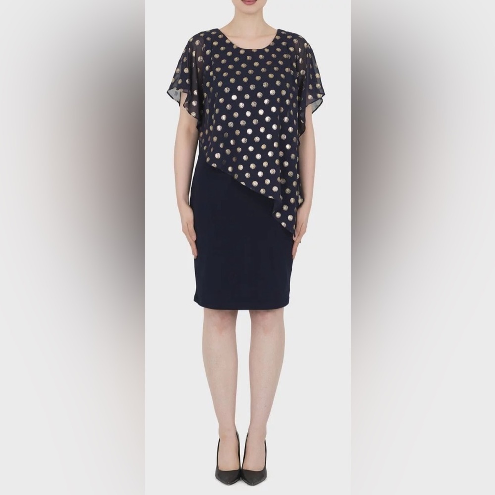 Joseph Ribkoff Sz 8 Jersey Knit Gold Dot Overlay Wrap Knee Length Dress New